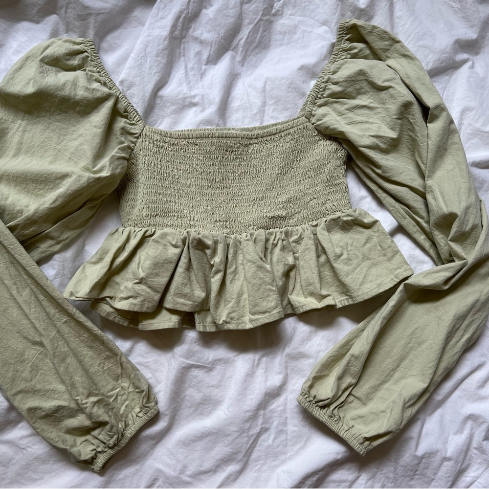 Green Puff Sleeve Smocked Crop Top